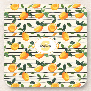 Watercolor Mango Pattern with Green Leaves Coaster