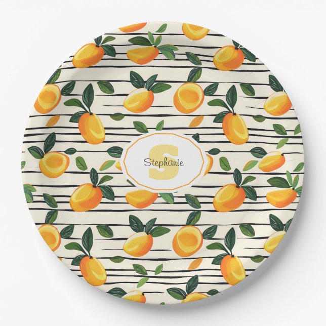 Watercolor Mango Pattern with Green Leaves Paper Plate (Front)