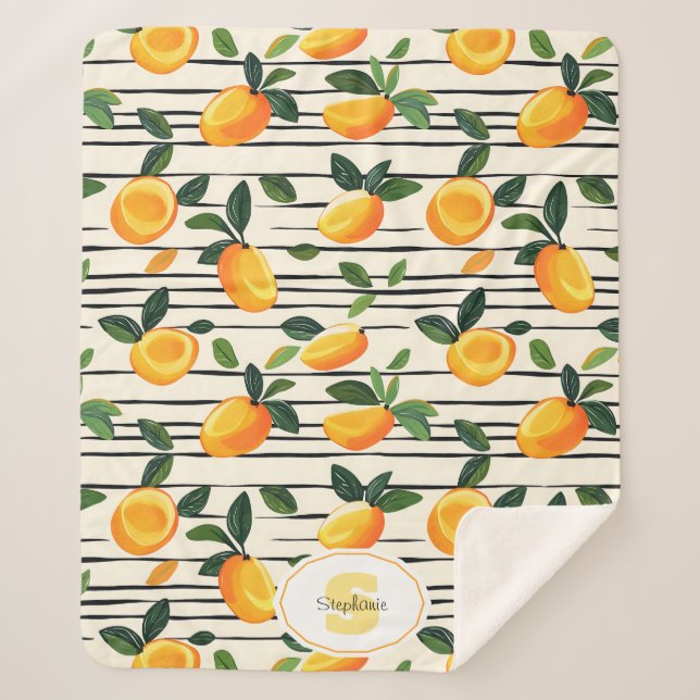 Watercolor Mango Pattern with Green Leaves Sherpa Blanket (Front)