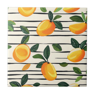 Watercolor Mango Pattern with Green Leaves Tile