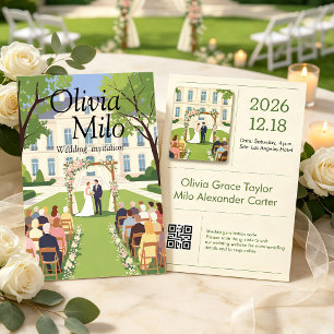 Watercolor Manor Wedding, flat illustration Invitation