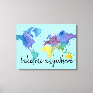 Watercolor Map Decoration with Travel Quote Canvas Print