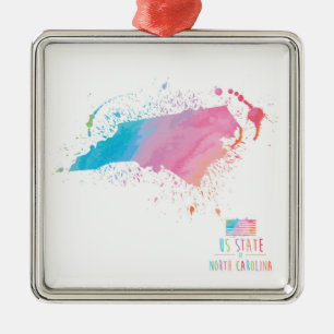 Watercolor Map   North Carolina Metal Tree Decoration