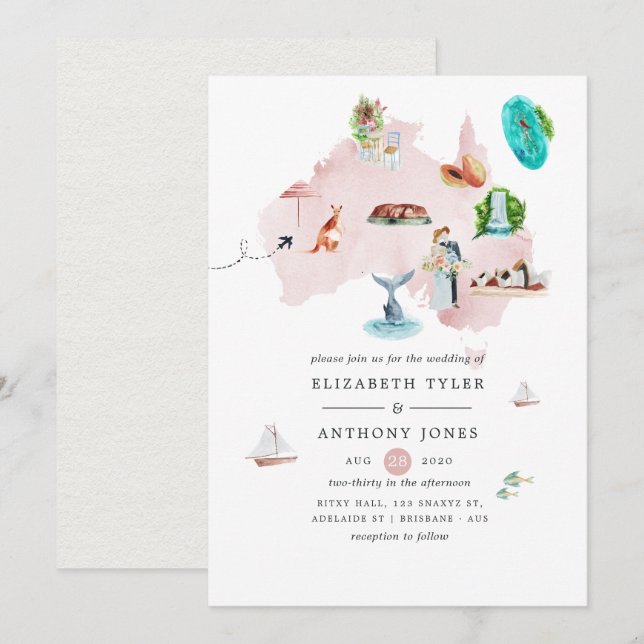 Watercolor Map of Australia Destination Wedding Invitation (Front/Back)