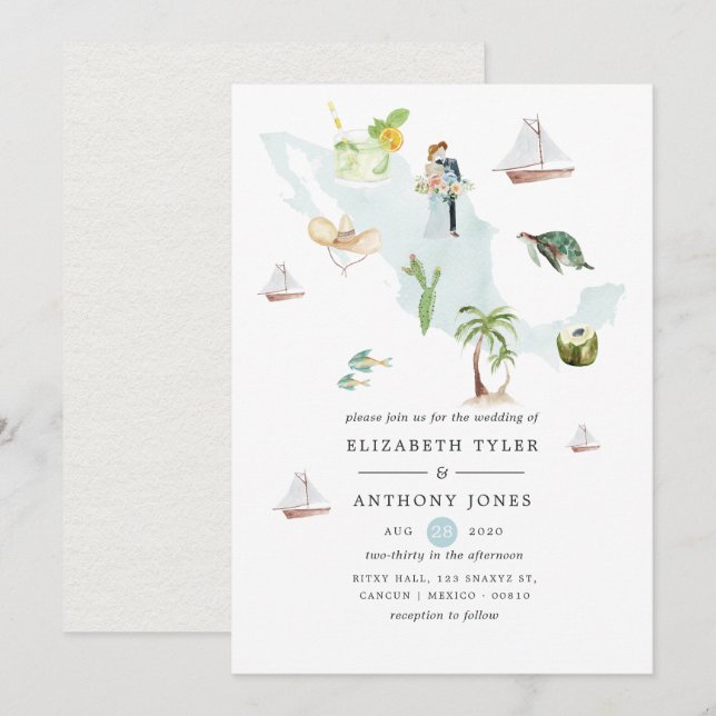 Watercolor Map of Mexico Destination Wedding Invitation (Front/Back)