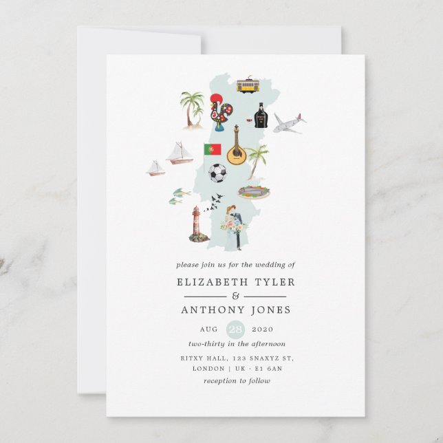 Watercolor Map of Portugal Destination Wedding Invitation (Front)
