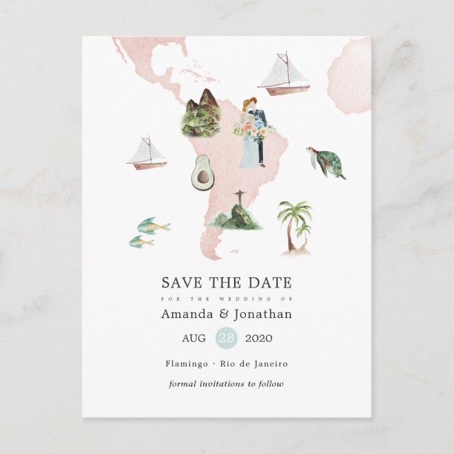 Watercolor Map of Rio Destination Wedding Announcement Postcard (Front)