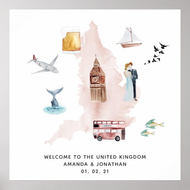 Watercolor Map of UK Destination Wedding Welcome Poster (Front)