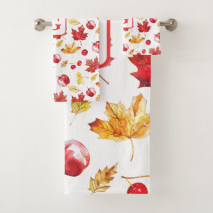 watercolor maple leaves cherries apples monogram bath towel set