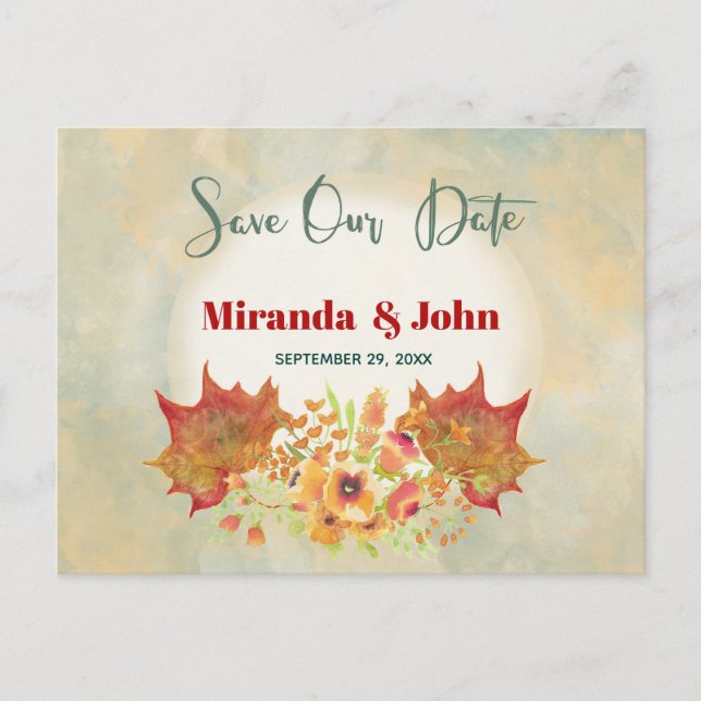 Watercolor Maple Leaves Save the date Announcement Postcard (Front)