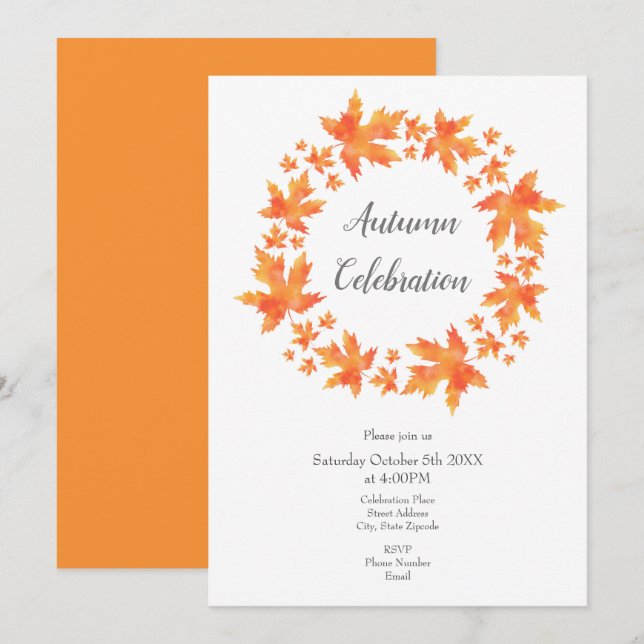 Watercolor Maple Leaves Wreath Invitation (Front/Back)