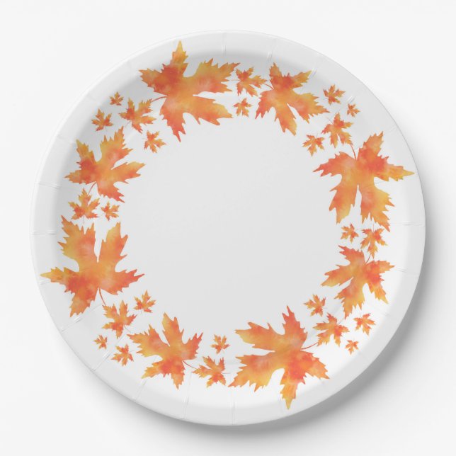Watercolor Maple Leaves Wreath Paper Plate (Front)