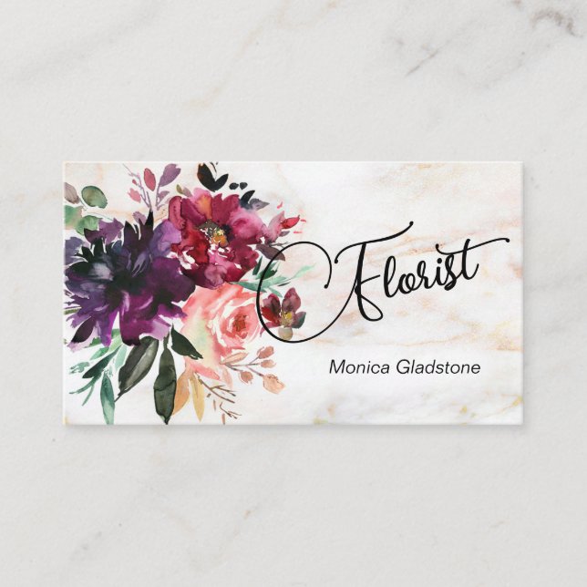 Watercolor Marble Burgundy Floral Business Card (Front)