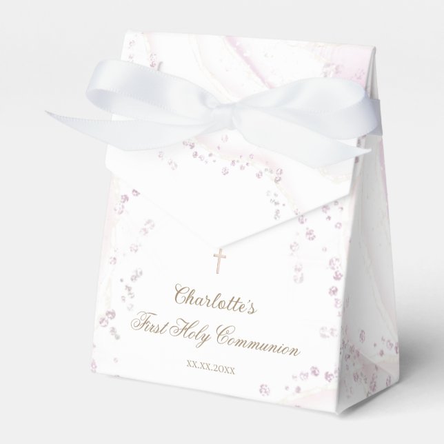 watercolor marble faux glitter First Communion Favour Box (Front Side)