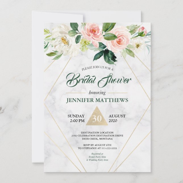 Watercolor Marble Floral Boho Bridal Shower Invitation (Front)