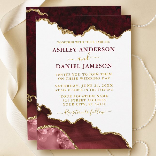 Watercolor Marble Geode Wedding Burgundy  Invitation (Customize to change text size, color or text style.)