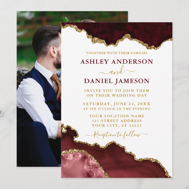 Watercolor Marble Geode Wedding Burgundy Photo Invitation (Front/Back)