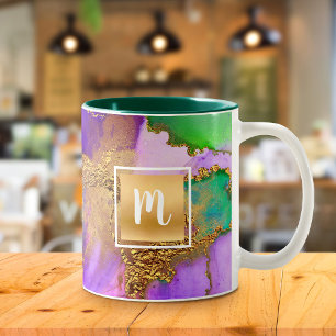 Watercolor marble gold purple green aqua monogram Two-Tone coffee mug