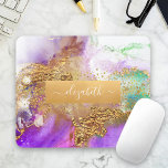 Watercolor marble gold purple pink green glam chic mouse mat<br><div class="desc">A sparkly, faux gold foil band with your script typography name overlays a rich, gold veined, purple, aqua blue green, and white watercolor background on this elegant, trendy, girly, custom name mousepad. Makes a chic and stylish statement every time you use it. A great gift for a friend, as well...</div>