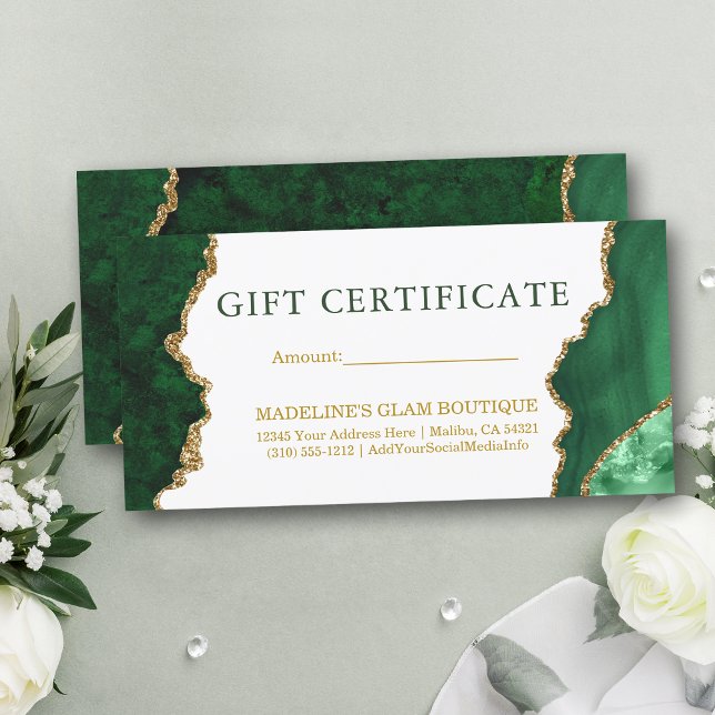 Watercolor Marble Green Gold Gift Certificate (Customize to change text color, text style or to add text to back of card.)