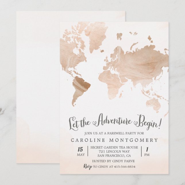 Watercolor Marble Map Travel Farewell Invitation (Front/Back)
