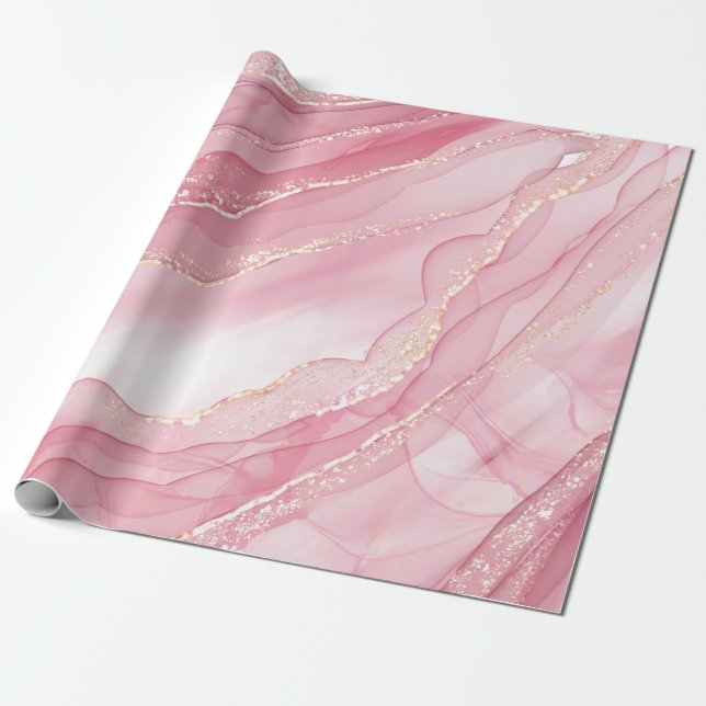 Watercolor Marble Pink with Gold Glitter Wrapping Paper (Unrolled)