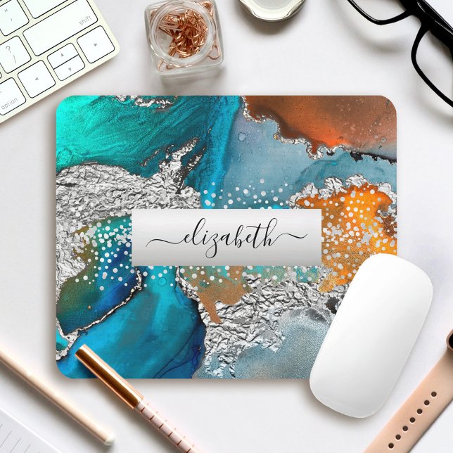 Watercolor marble silver turquoise orange name mouse mat (Creator Uploaded)