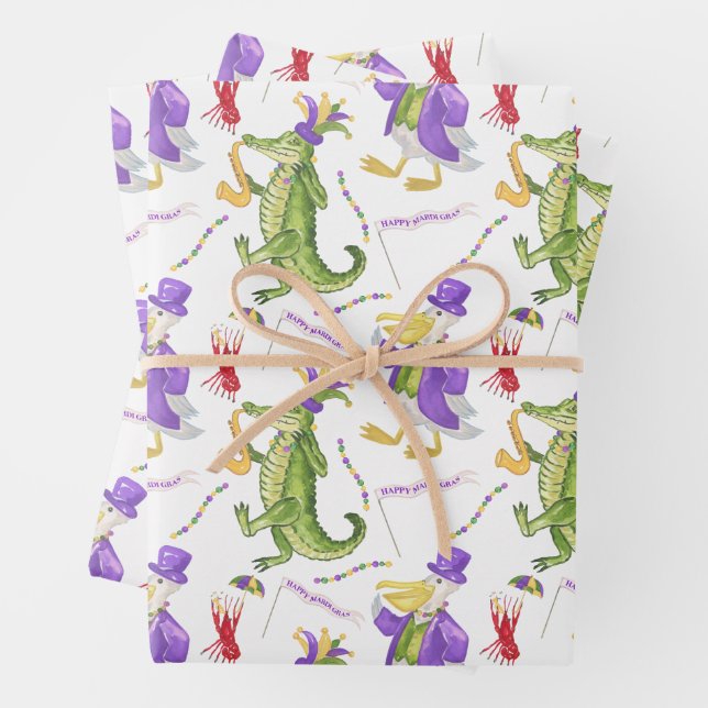 Watercolor Mardi Gras Animal Parade Party Wrapping Paper Sheet (In situ)