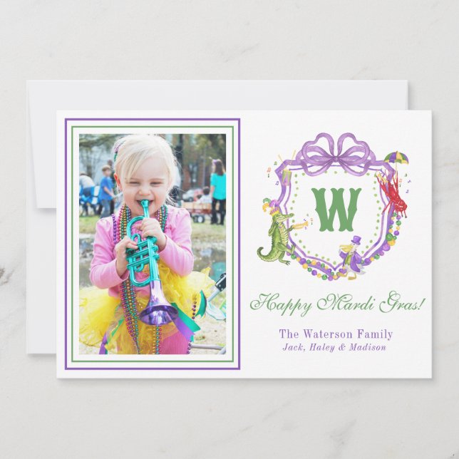 Watercolor Mardi Gras Animals Monogram Crest Photo Holiday Card (Front)