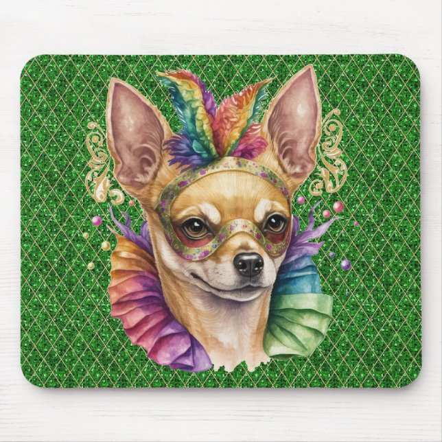 WATERCOLOR MARDI GRAS CHIHUAHUA DOG FACE MOUSE MAT (Front)
