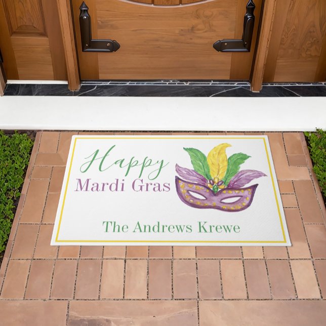Watercolor Mardi Gras Mask Personalised Doormat (Creator Uploaded)