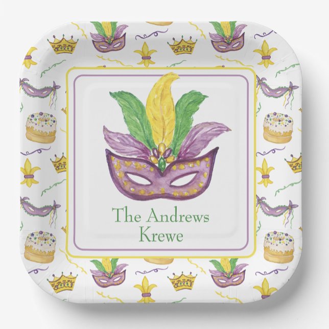 Watercolor Mardi Gras Mask Personalised Paper Plate (Creator Uploaded)