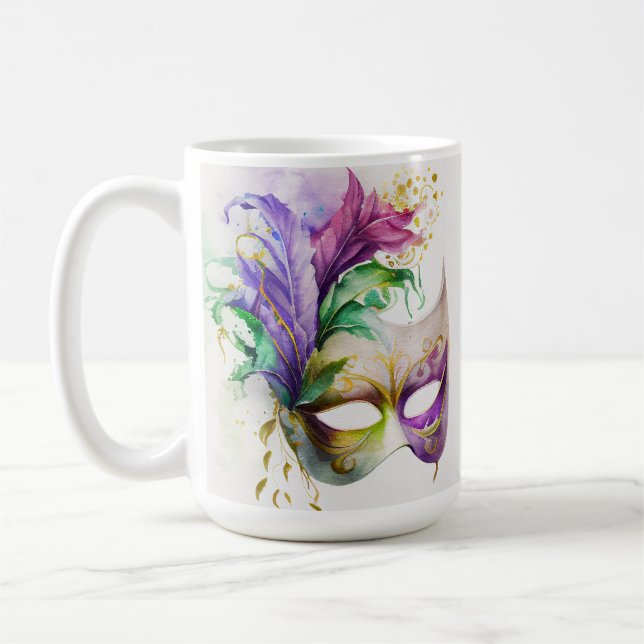 WATERCOLOR MARDI GRAS MASKS & FEATHERS COFFEE MUG (Left)
