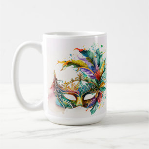 WATERCOLOR MARDI GRAS MASKS & FEATHERS COFFEE MUG