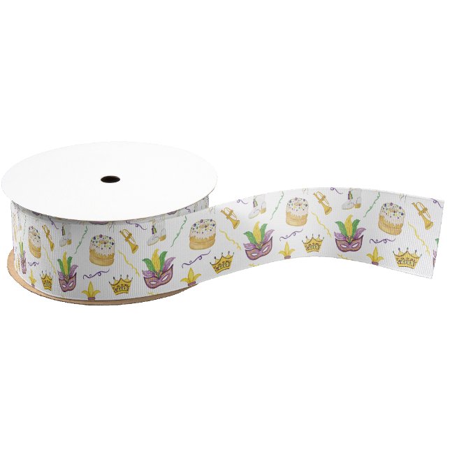 Watercolor Mardi Gras Masks King Cake Crown Grosgrain Ribbon (Creator Uploaded)