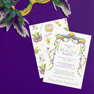 Watercolor Mardi Gras Masks King Cake Crown Party Invitation