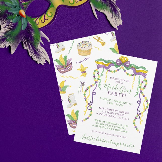 Watercolor Mardi Gras Masks King Cake Crown Party Invitation (Creator Uploaded)