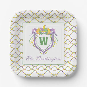 Watercolor Mardi Gras Monogram Crest Paper Plate