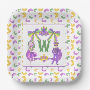 Watercolor Mardi Gras Monogram Crest Paper Plate