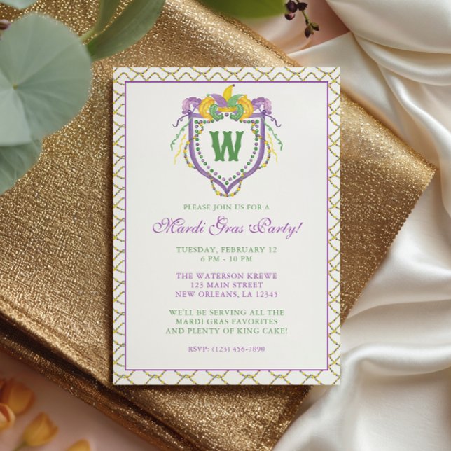 Watercolor Mardi Gras Monogram Crest Party Invitation (Creator Uploaded)