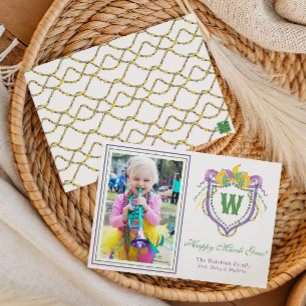 Watercolor Mardi Gras Monogram Crest Photo Holiday Card