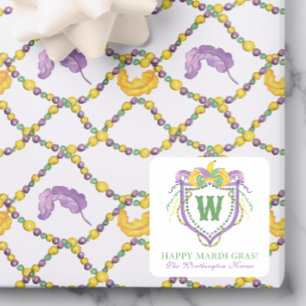 Watercolor Mardi Gras Monogram Crest Square Sticker