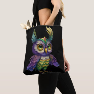 WATERCOLOR MARDI GRAS OWL BIRD TOTE BAG