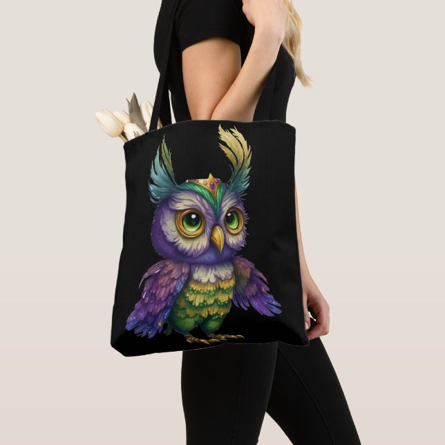 WATERCOLOR MARDI GRAS OWL BIRD TOTE BAG (Close Up)