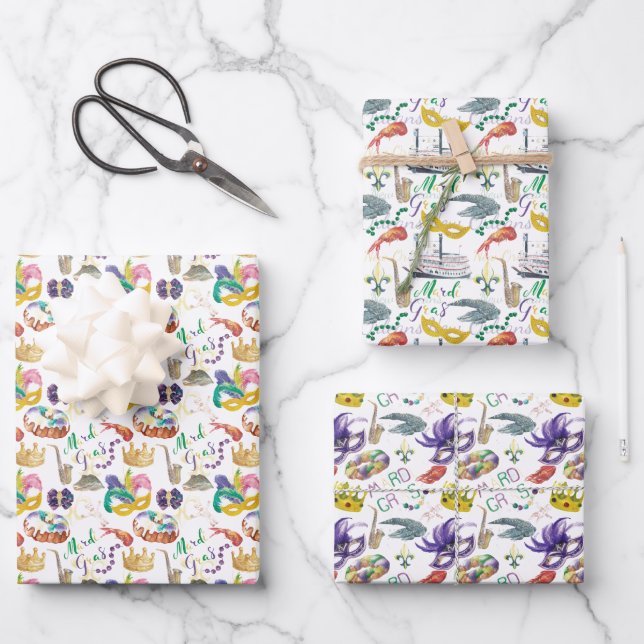Watercolor Mardi Gras Themed Wrapping Paper Sheet (Front)
