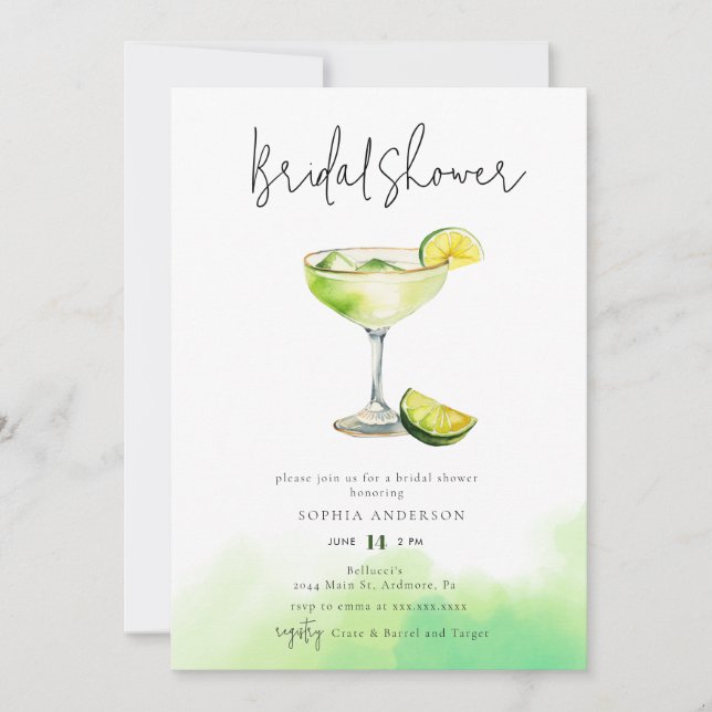 Watercolor Margarita Lime Bridal Shower Invitation (Front)
