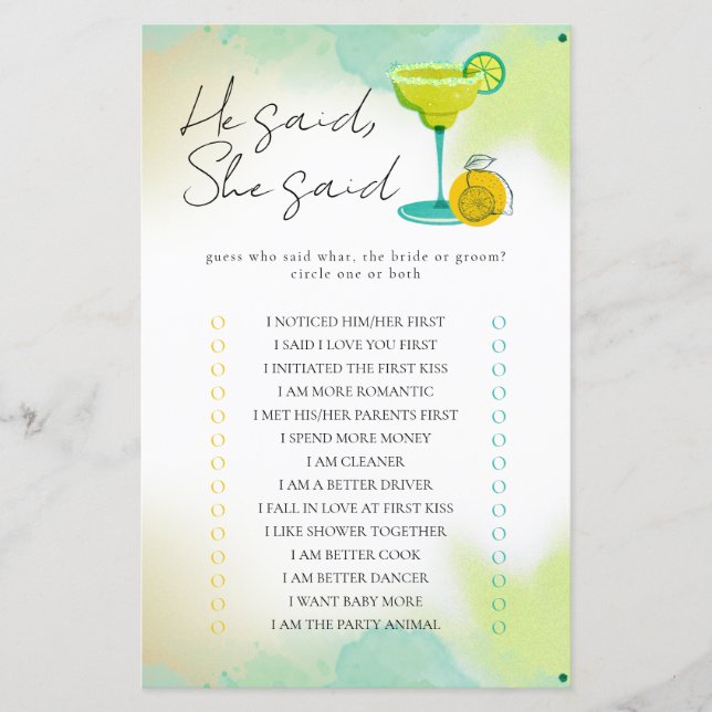 Watercolor Margarita Tequila Bridal Shower Games (Front)