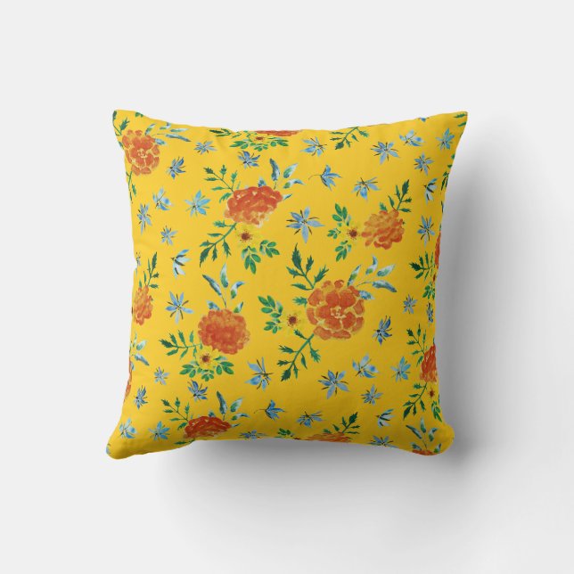 Watercolor Marigold Borage Flowers Gold Yellow Cushion (Back)