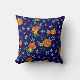 Watercolor Marigold Borage Flowers Navy Blue Cushion