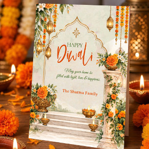 Watercolor Marigold Diya Personalised Happy Diwali Holiday Card